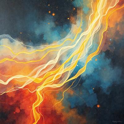 The primary subject of the image is a painting of a yellow and orange swirl, which is set against a blue background. The visual style of the painting is a mix of digital art and illustration, creating a vibrant and dynamic scene. The dominant colors in the painting are yellow and orange, which evoke a sense of energy and movement. The overall atmosphere of the painting is lively and engaging, capturing the viewer's attention with its vivid colors and dynamic composition.